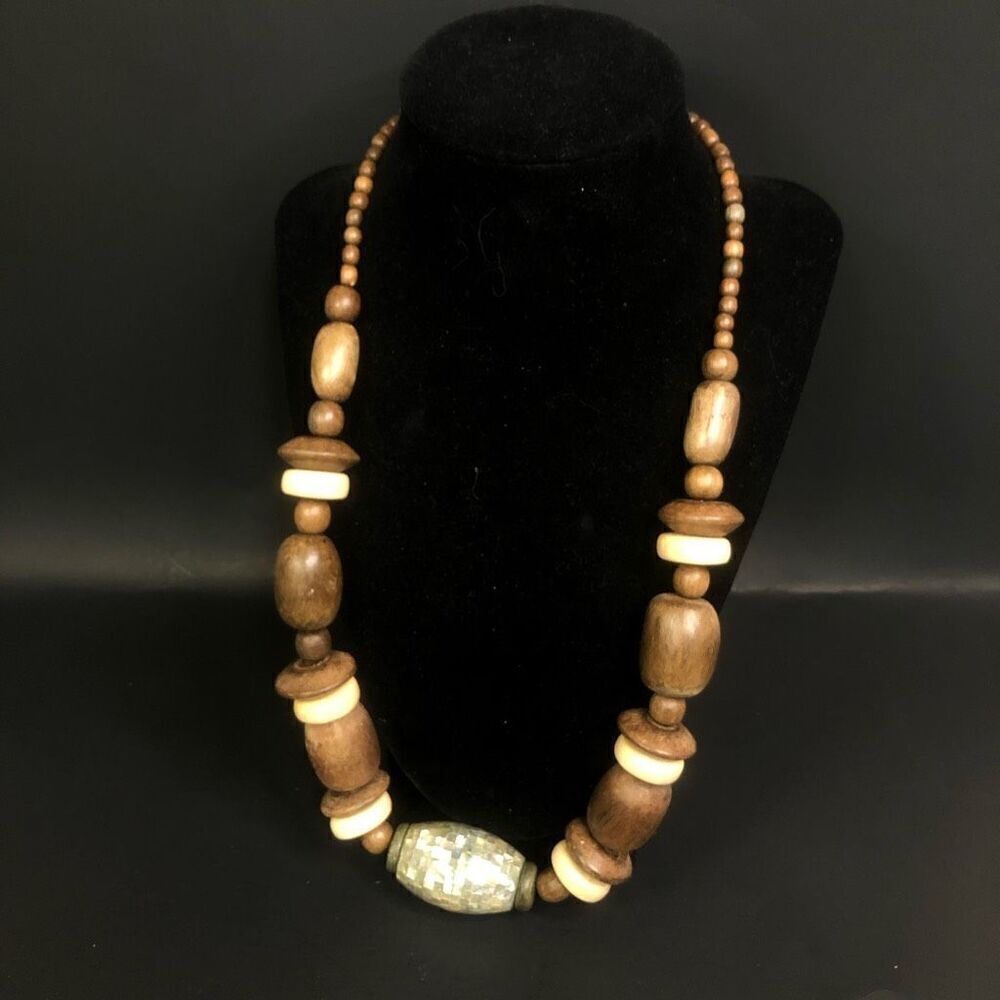vintage chunky wooden‎ necklace center disco abalone 1 inch bead boho hippie